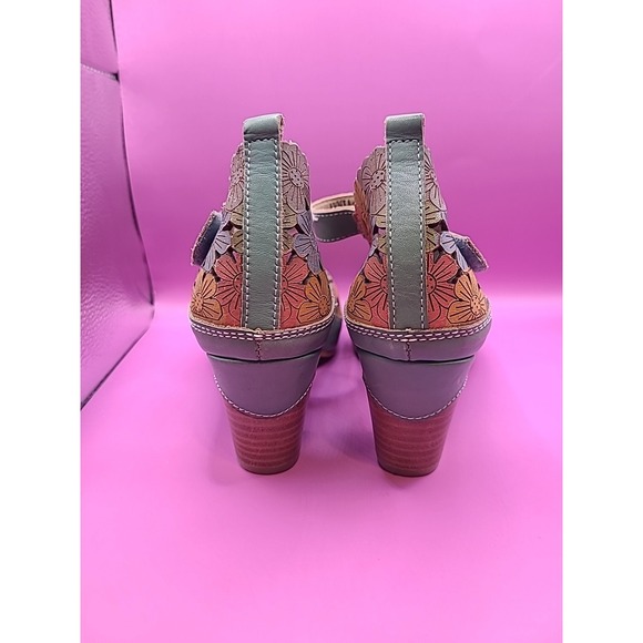 L'Artiste AVNIA Sandals Blue Multi Floral Hand Painted Peep Toe Heels 39 - Picture 3 of 12